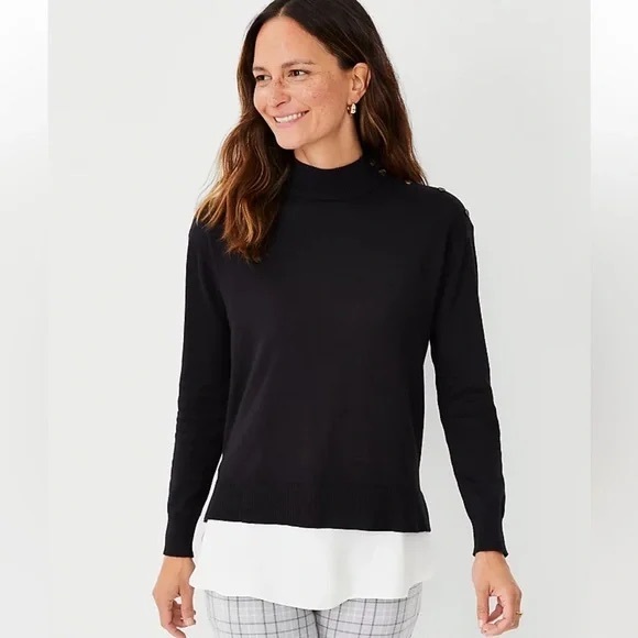 Ann Taylor Mixed Media Black Mock Neck Top NWT - Picture 2 of 10
